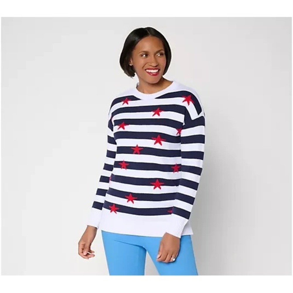 Denim & Co. Striped Americana Long Sleeve Sweater Navy, X-Large